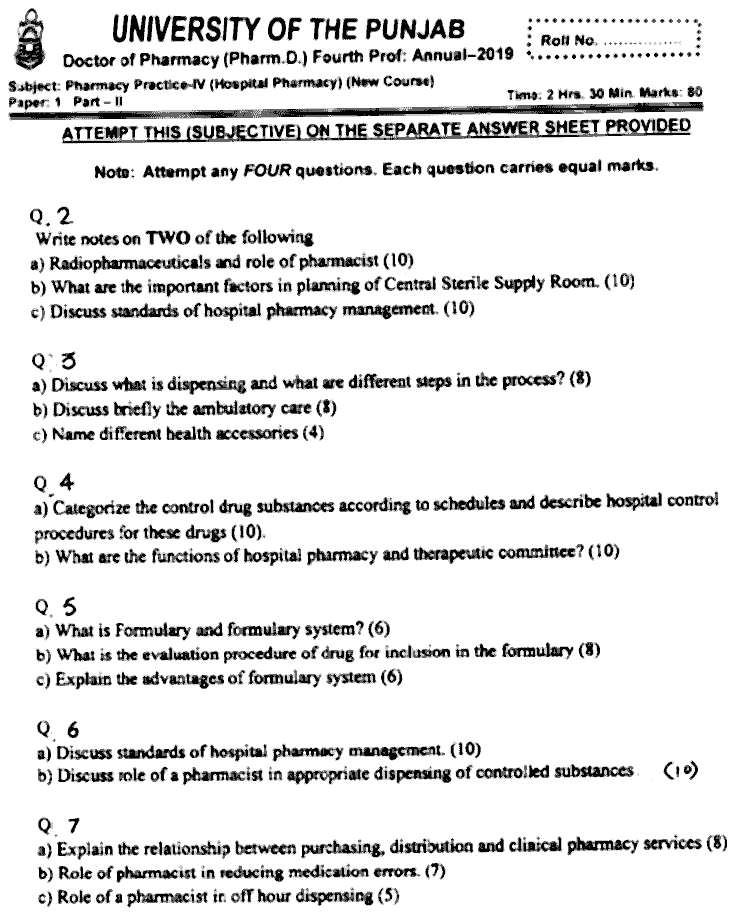 Doctor of Pharmacy Pharmacy Practice 4 Hospital Pharmacy Past Paper 2019 Punjab University Subjective