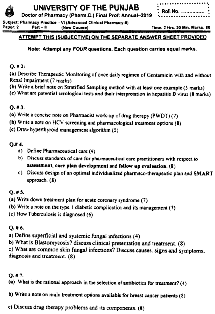 Doctor of Pharmacy Pharmacy Practice 6 Advanced Clinical Pharmacy 2 Past Paper 2019 Punjab University Subjective