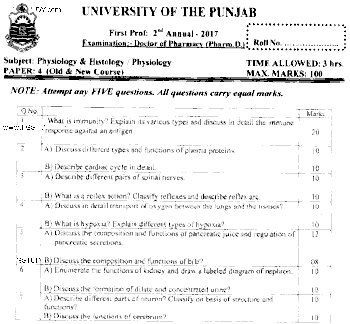 Doctor of Pharmacy Physiology And Histology Past Paper 2017 Punjab University Subjective
