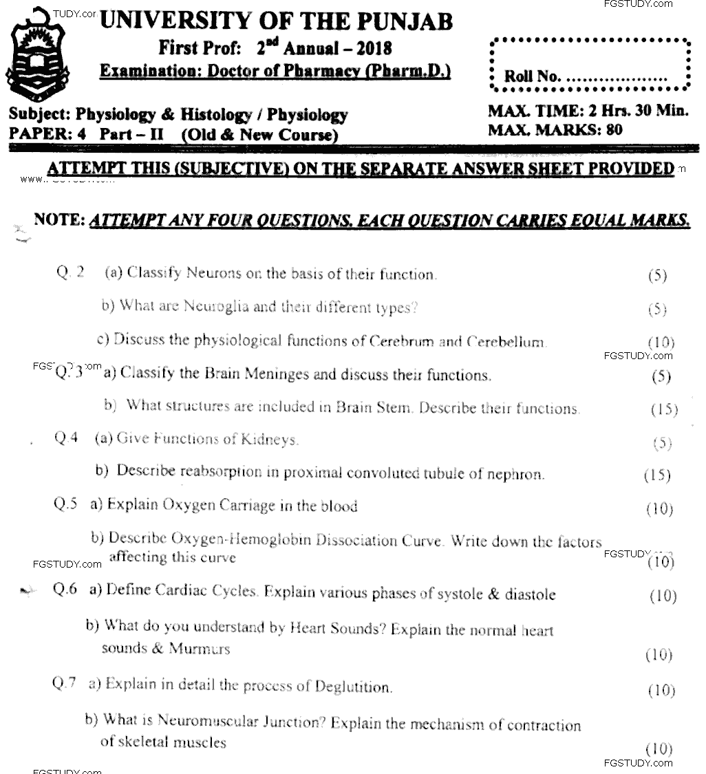 Doctor of Pharmacy Physiology And Histology Past Paper 2018 Punjab University Subjective