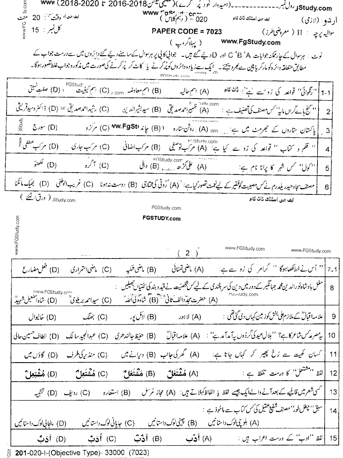 Urdu Group 1 objective 10th Class Past Papers 2020