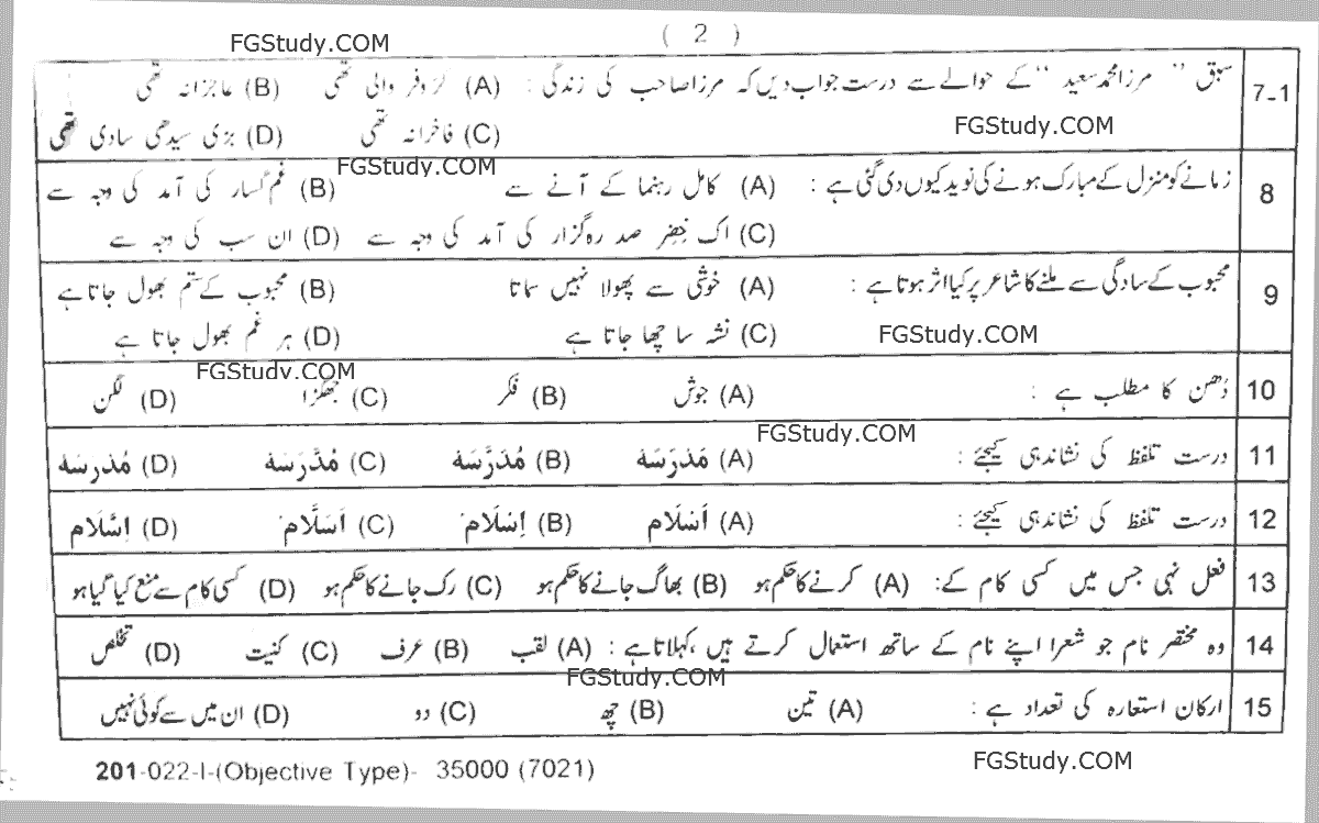 10th Urdu Papers 2022 Lahore objective Group 1