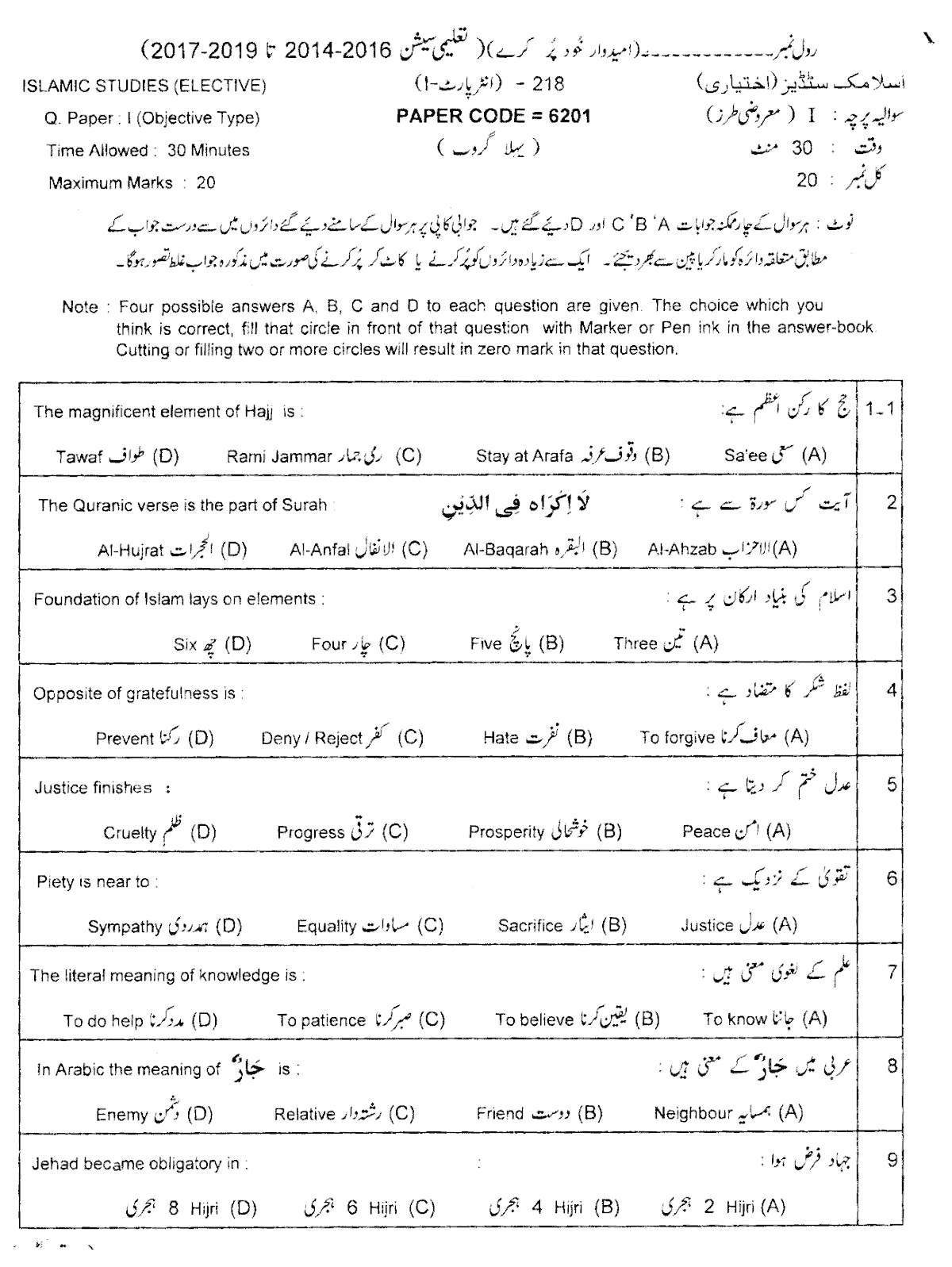 11th Class Islamiat E Past Paper 2018 Group 1 Objective Lahore Board