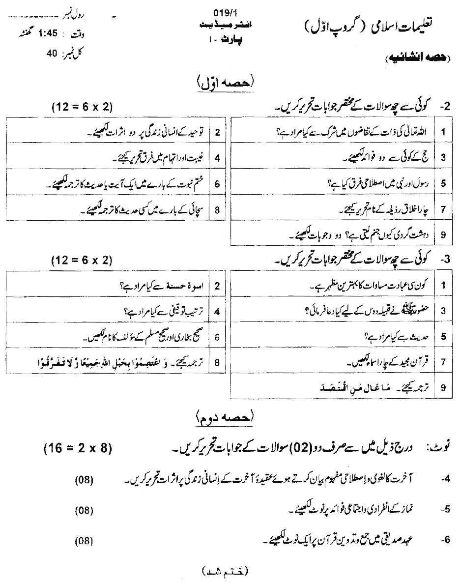 11th Class Islamiat Past Paper 2019 Ajk Board Group 1 Subjective