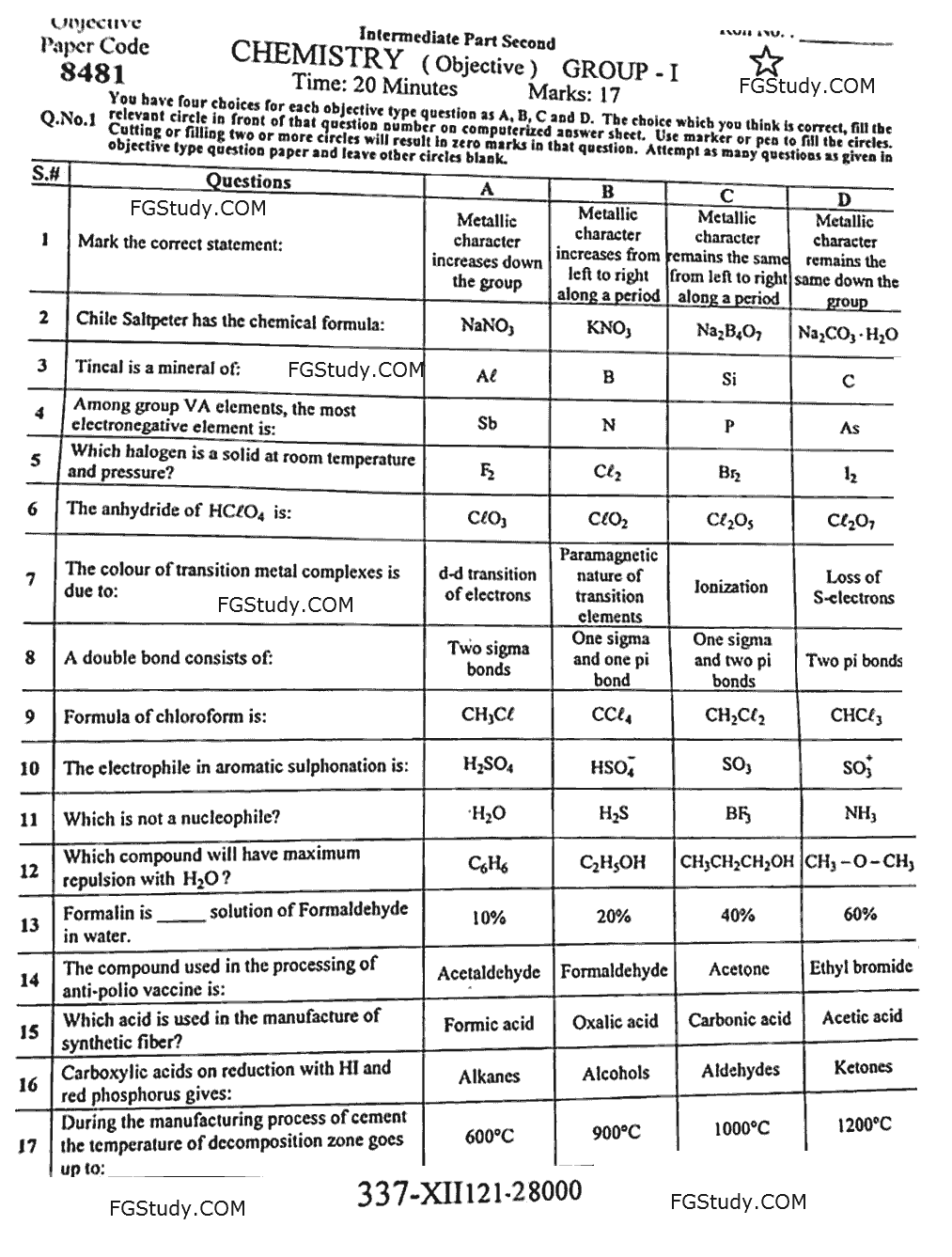 12th Chemistry Papers 2021 Faisalabad Objective Group 1