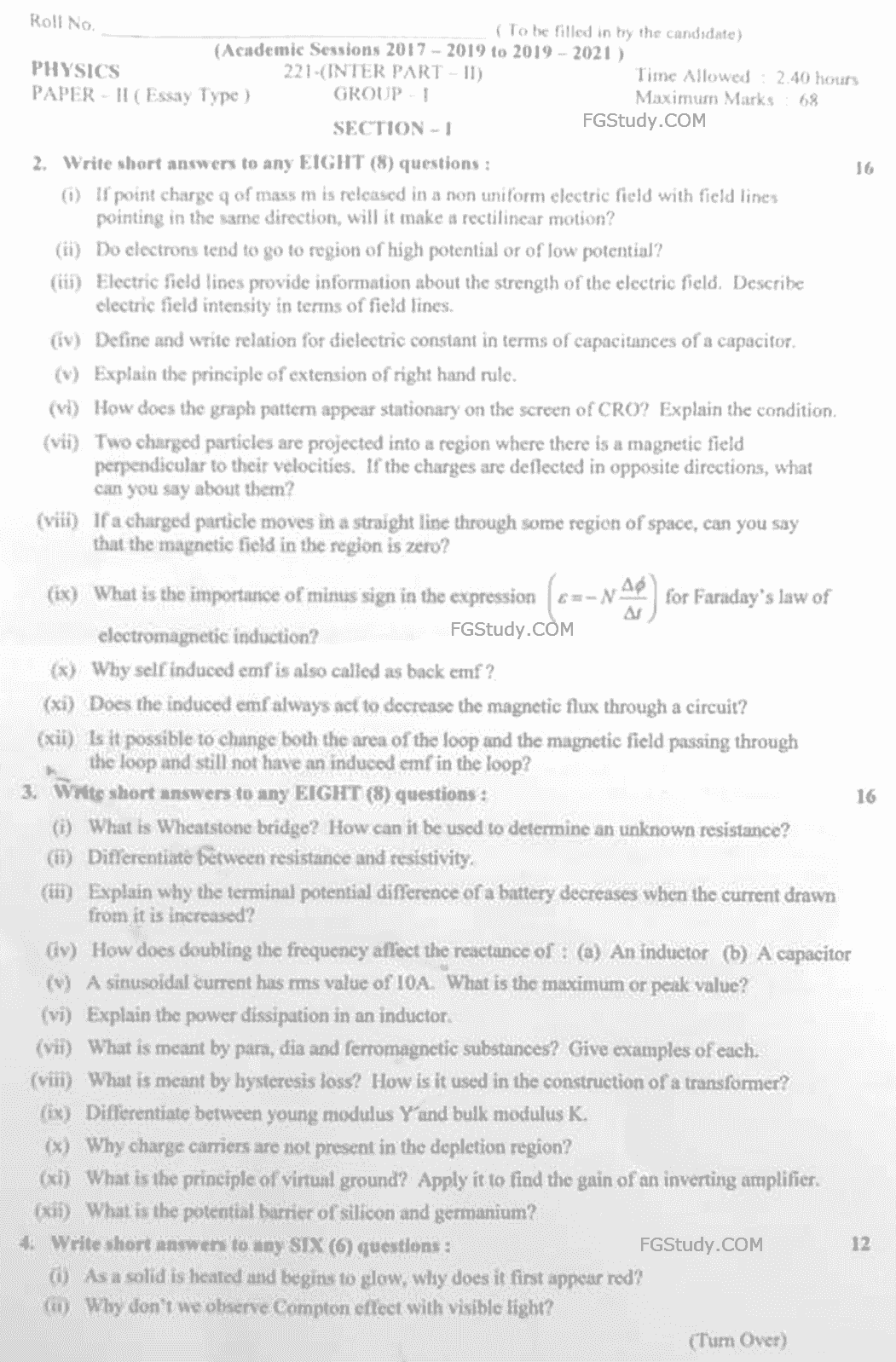 12th Physics Papers 2021 Lahore Subjective Group 1 page 1
