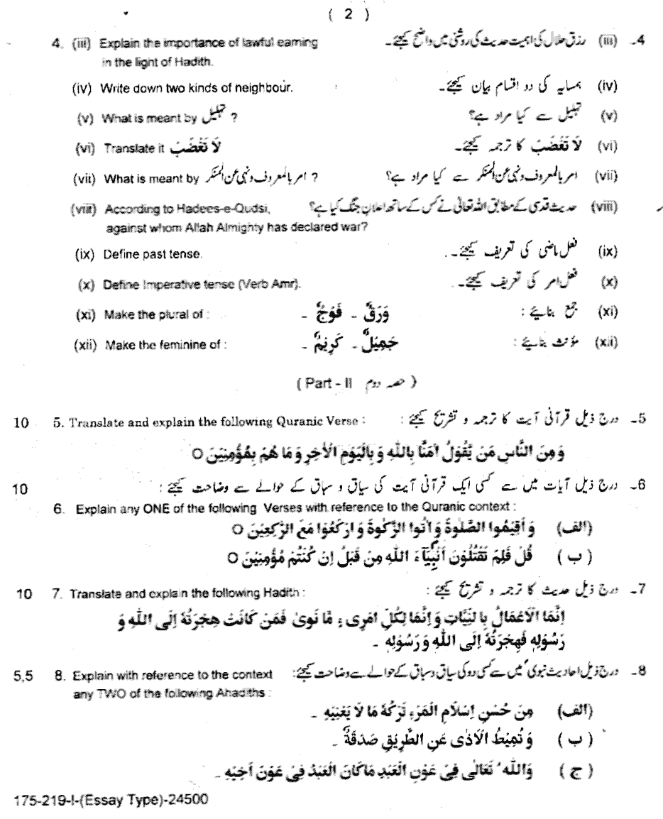 12th Class Islamiat E Past Paper 2019 Subjective Group 1 Lahore Board