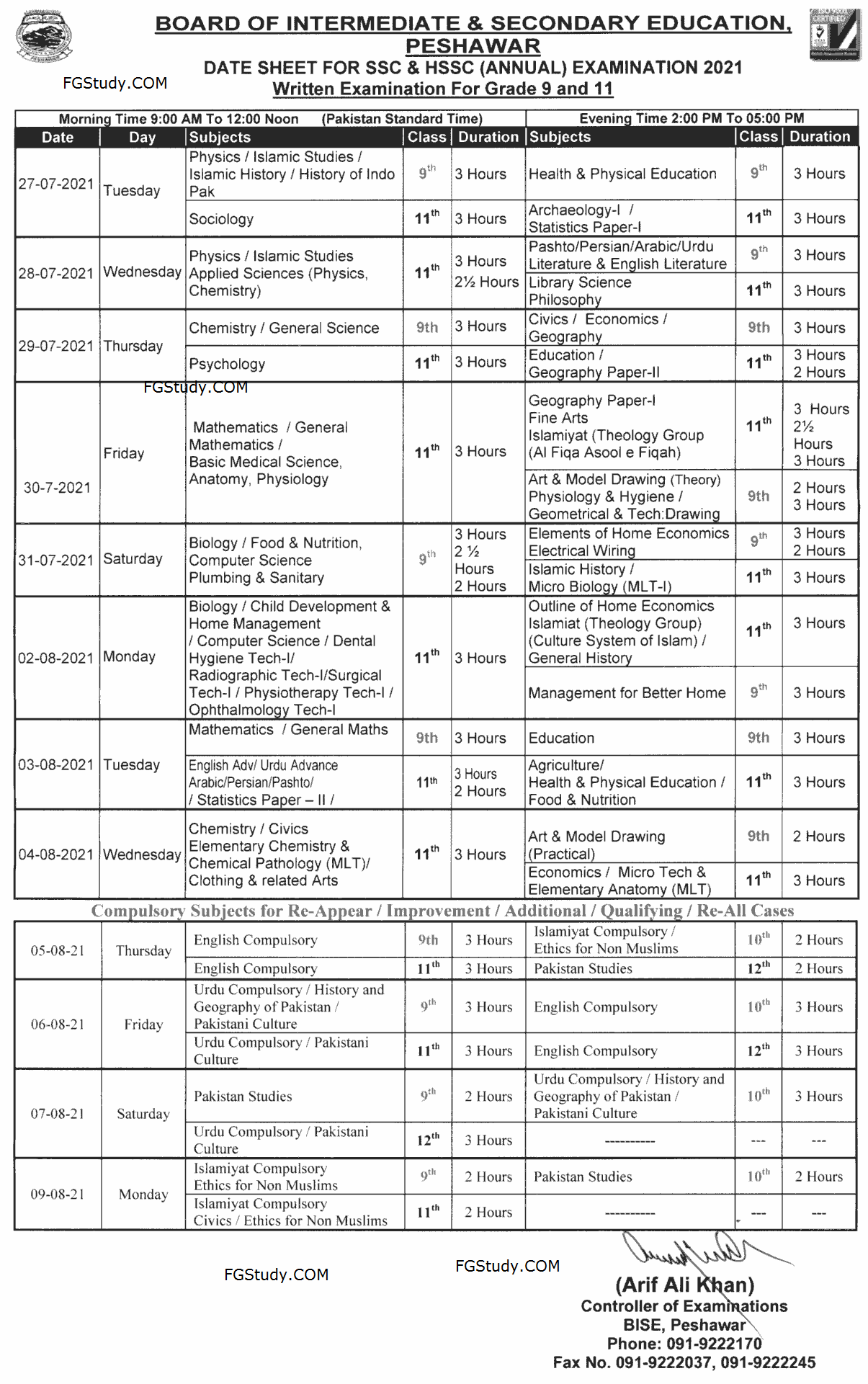 BISE Peshawar Board Date Sheet 2021 9th Class FG STUDY