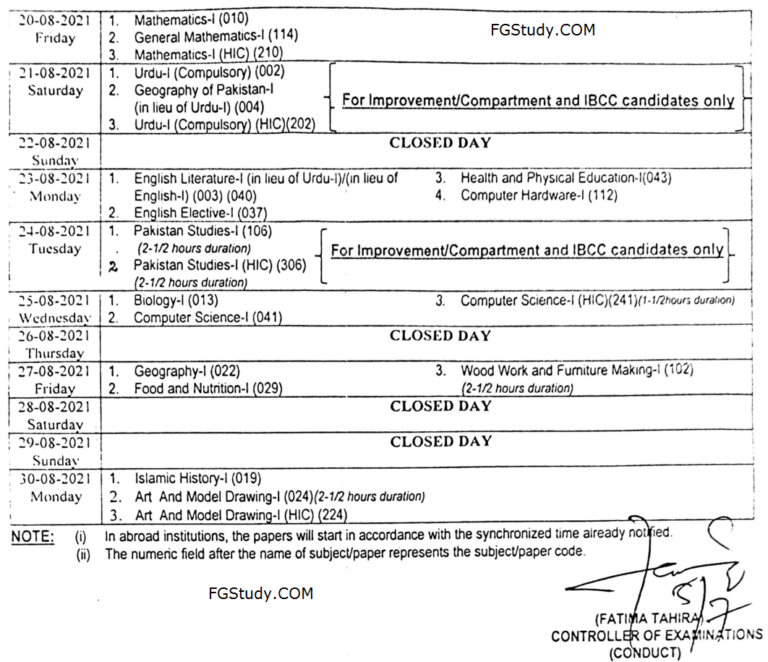 FBISE Date Sheet 2021 SSC Part 1 FBISE 9th Class Date Sheet 2021