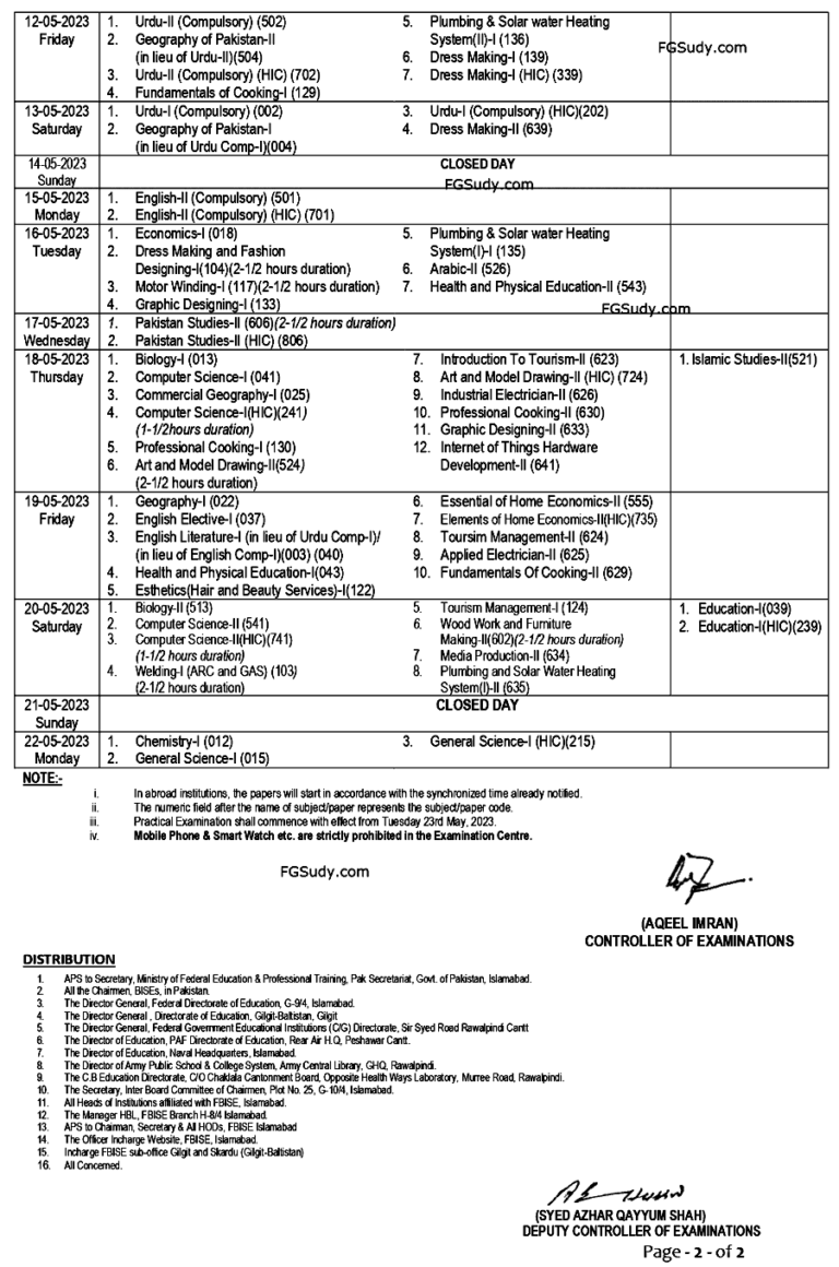 FBISE Date Sheet 2023 SSC FG STUDY