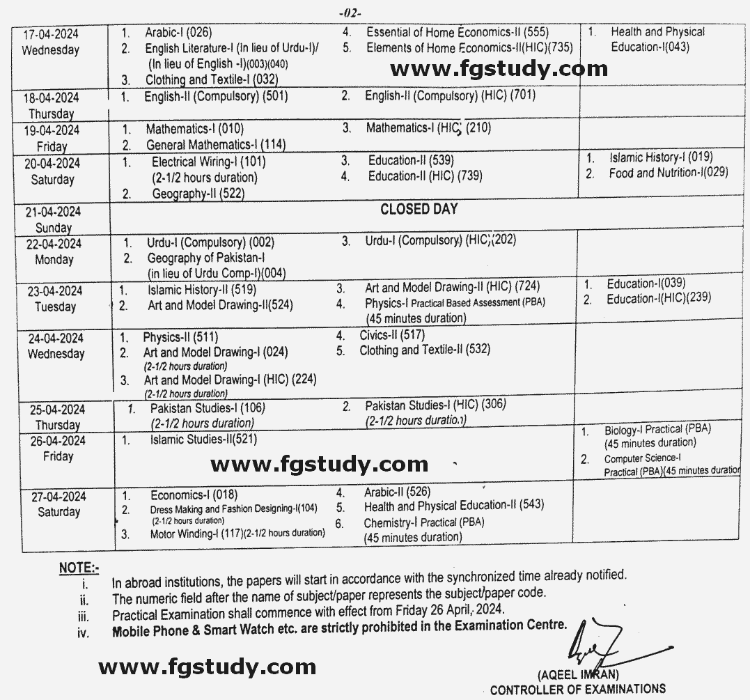 FBISE Date Sheet 2024 class 9th page 2 image